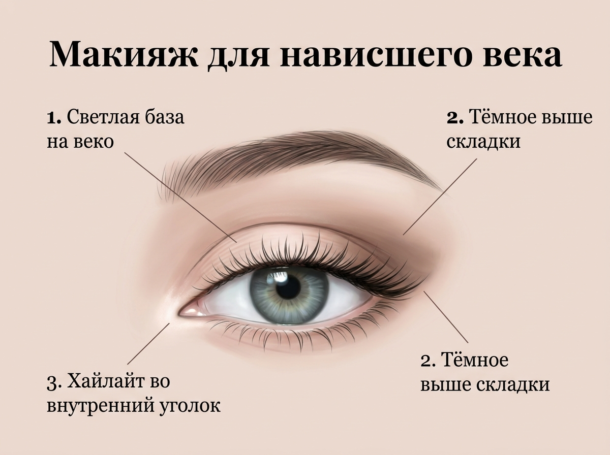 Зоны макияжа для нависшего века: база, тёмное выше складки, хайлайт