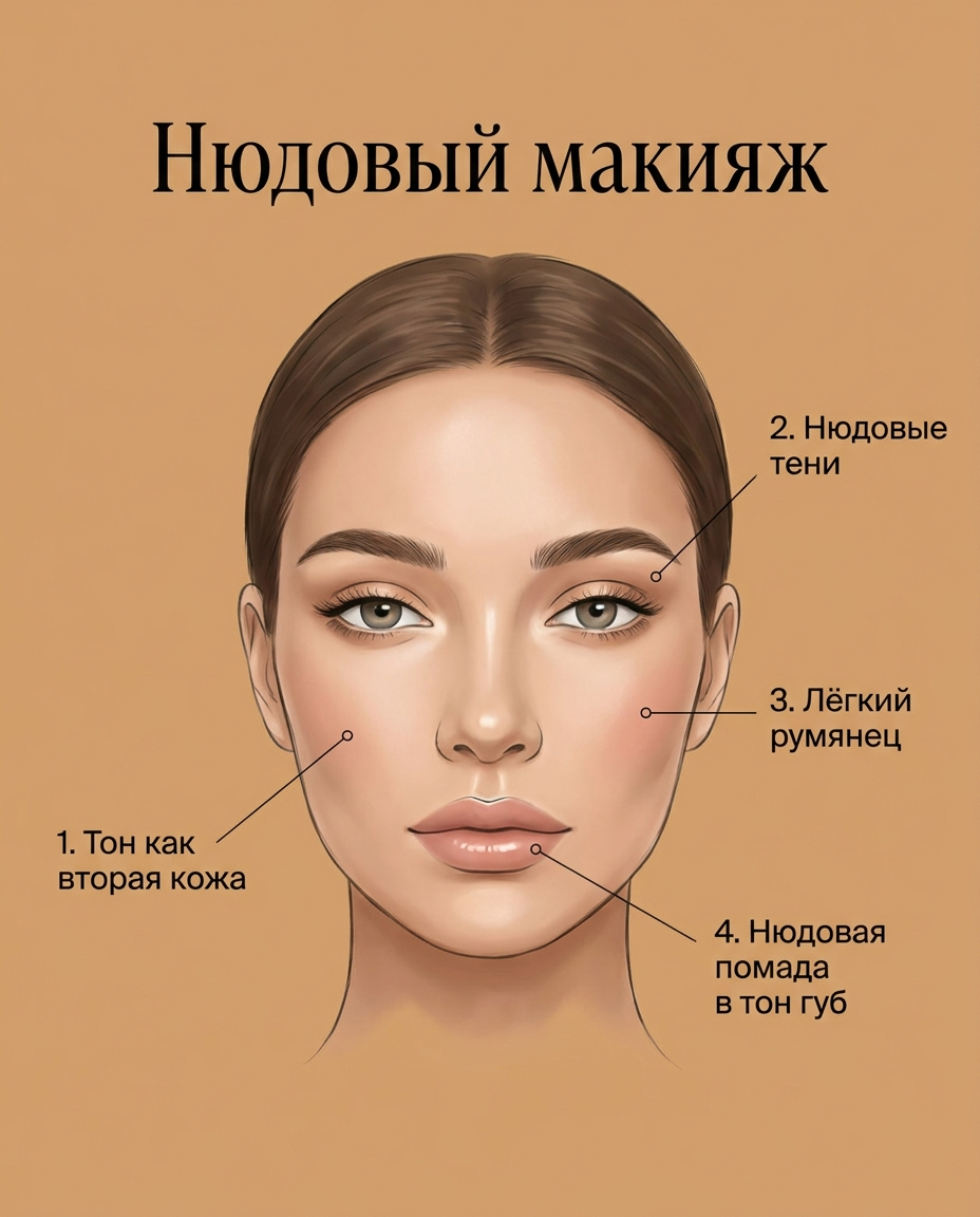 Зоны нюдового макияжа: тон как вторая кожа, нюдовые тени, лёгкий румянец и помада в тон губ