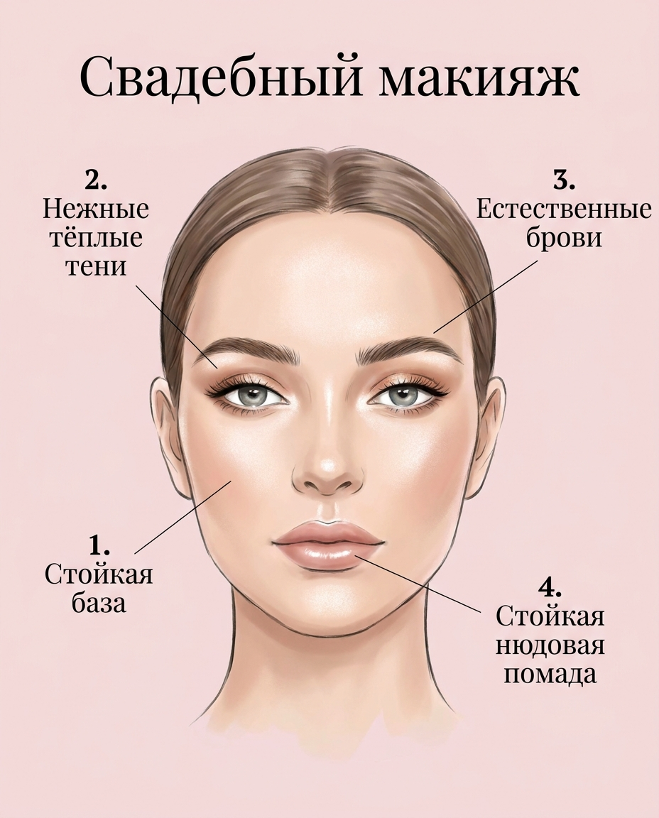 Зоны свадебного макияжа: стойкая база, нежные тёплые тени, естественные брови и стойкая нюдовая помада