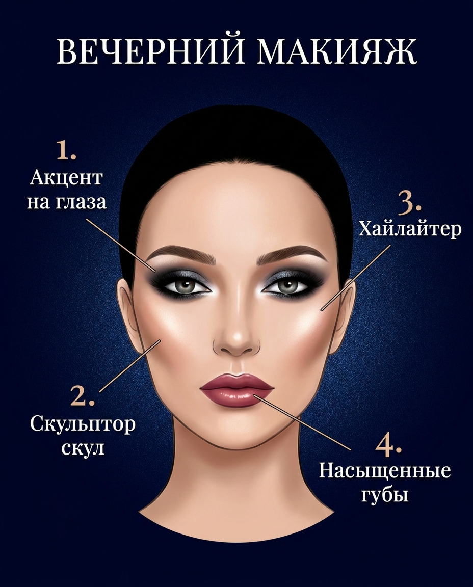 Зоны вечернего макияжа: акцент на глаза, скульптор скул, хайлайтер и насыщенные губы