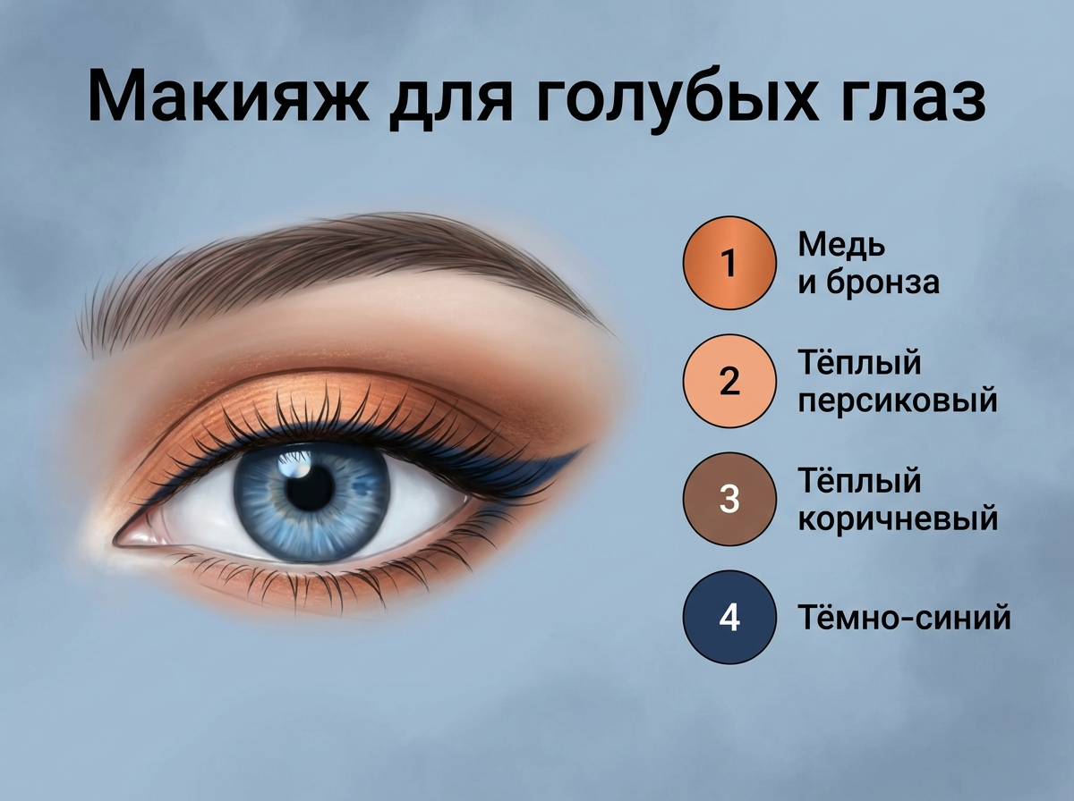 Оттенки, которые зажигают голубые глаза: медь и бронза, персиковый, тёплый коричневый, тёмно-синий