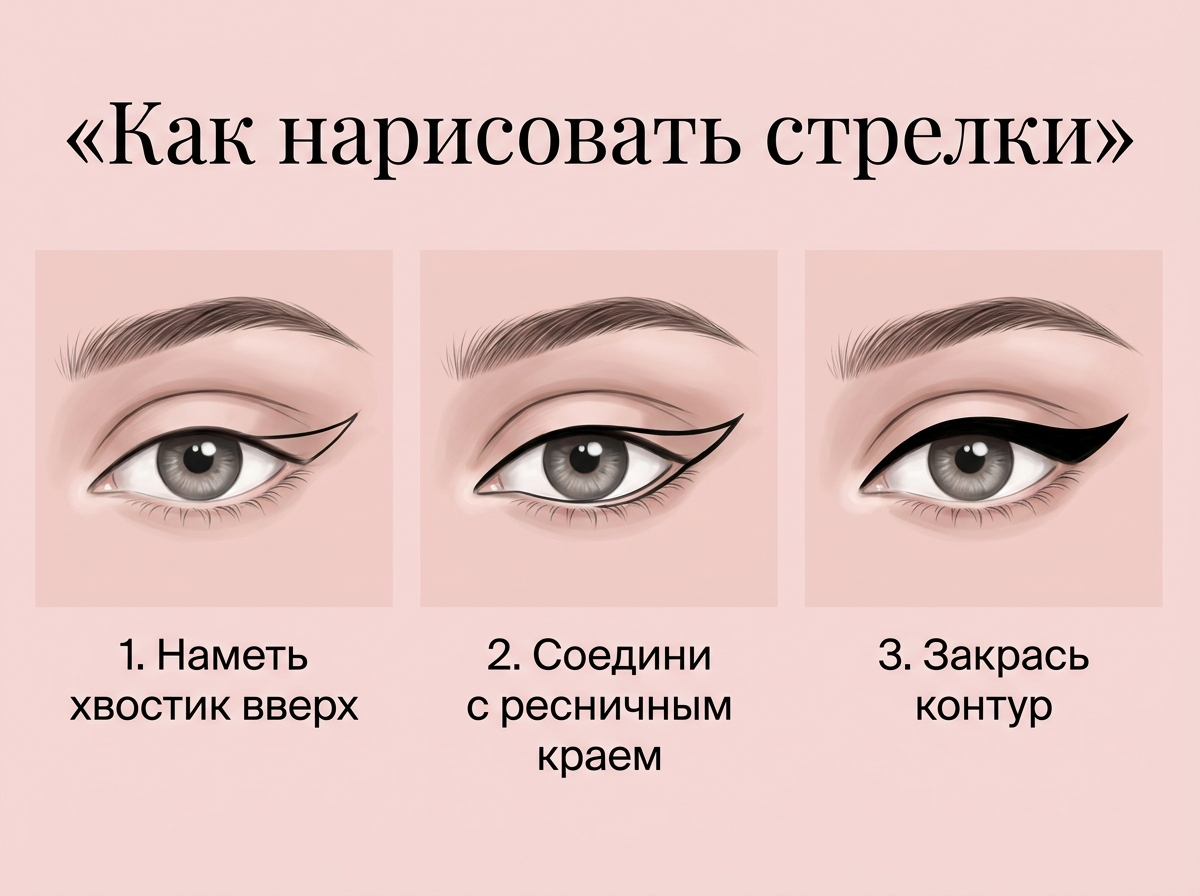 Стрелка в три шага: наметь хвостик, соедини с ресничным краем, закрась контур